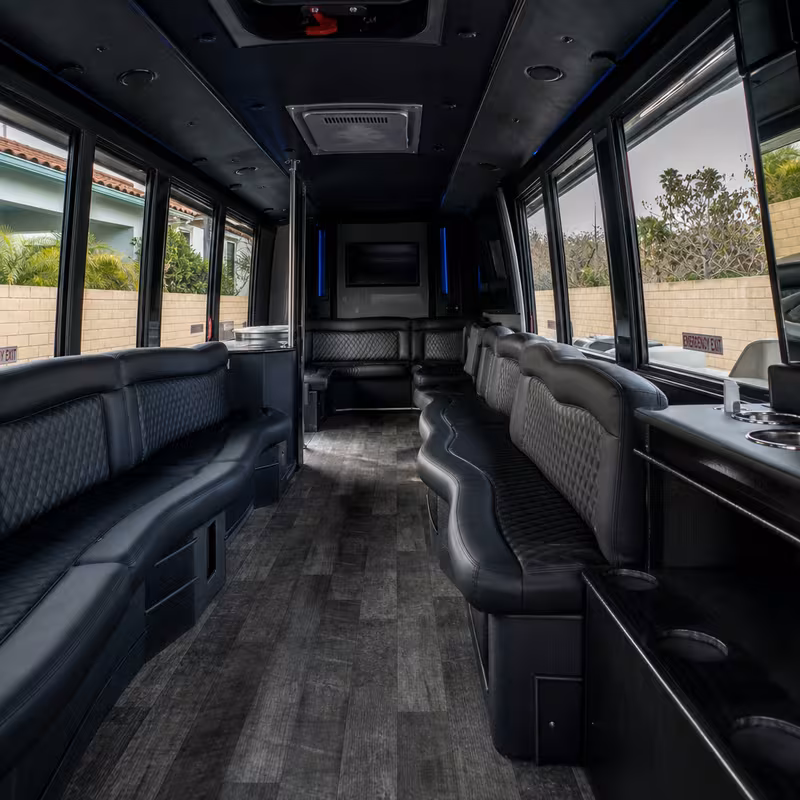 Passenger watching the Overland Park scenery during a regional party bus road trip