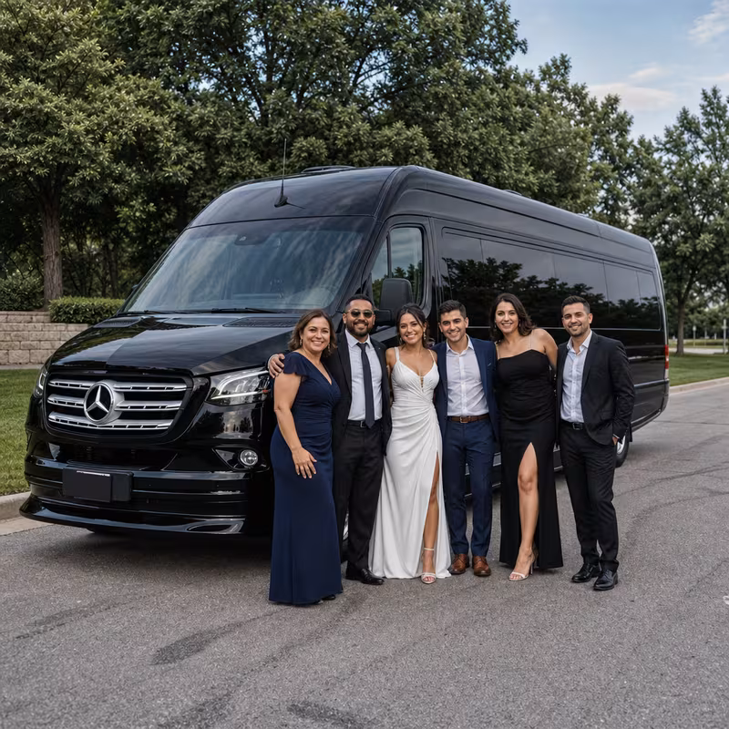 Group beside a Mercedes Sprinter limo from the Overland Park fleet