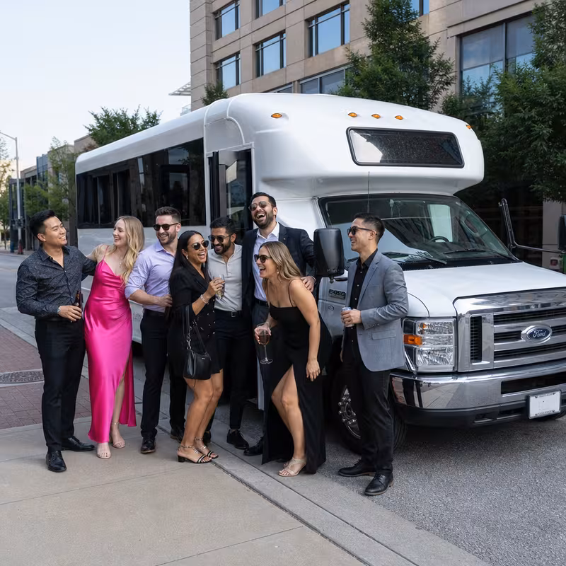 Black Mercedes Sprinter van staged for an Overland Park Bachelor & Bachelorette Transportation group