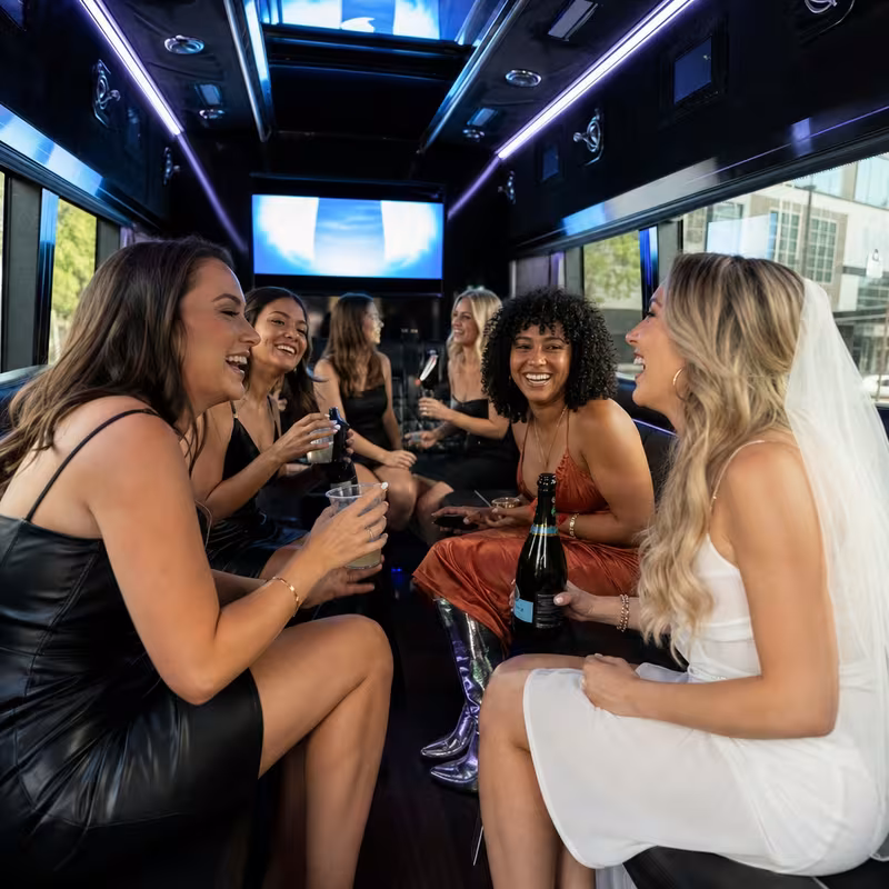 Party bus interior with wraparound leather seating and LED lighting in Overland Park