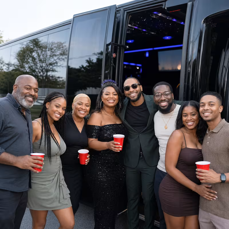 Group boarding a white charter bus for Birthday Transportation transportation in Overland Park