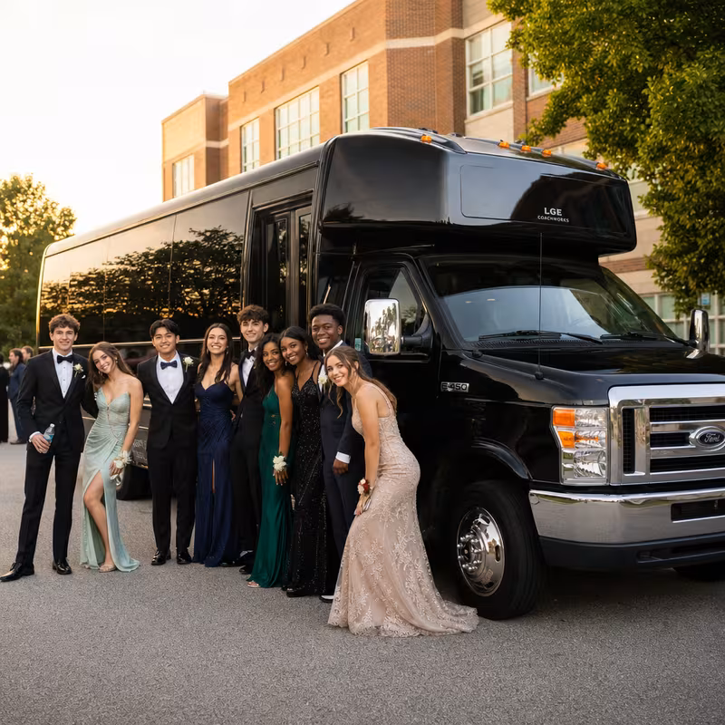 Group boarding a white charter bus for Prom & Homecoming Transportation transportation in Overland Park
