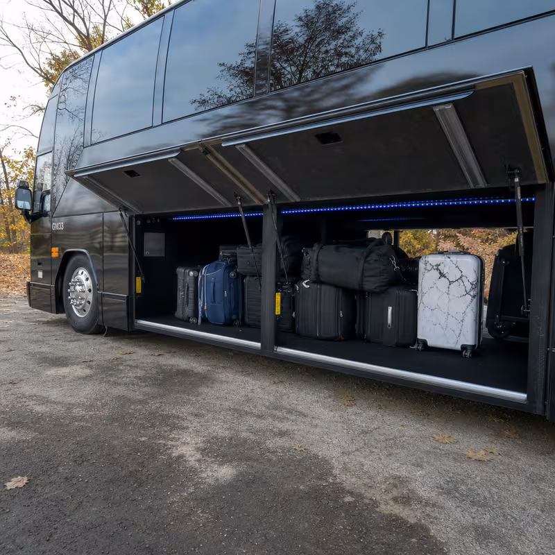 Party bus interior with wraparound leather seating and LED lighting in Overland Park