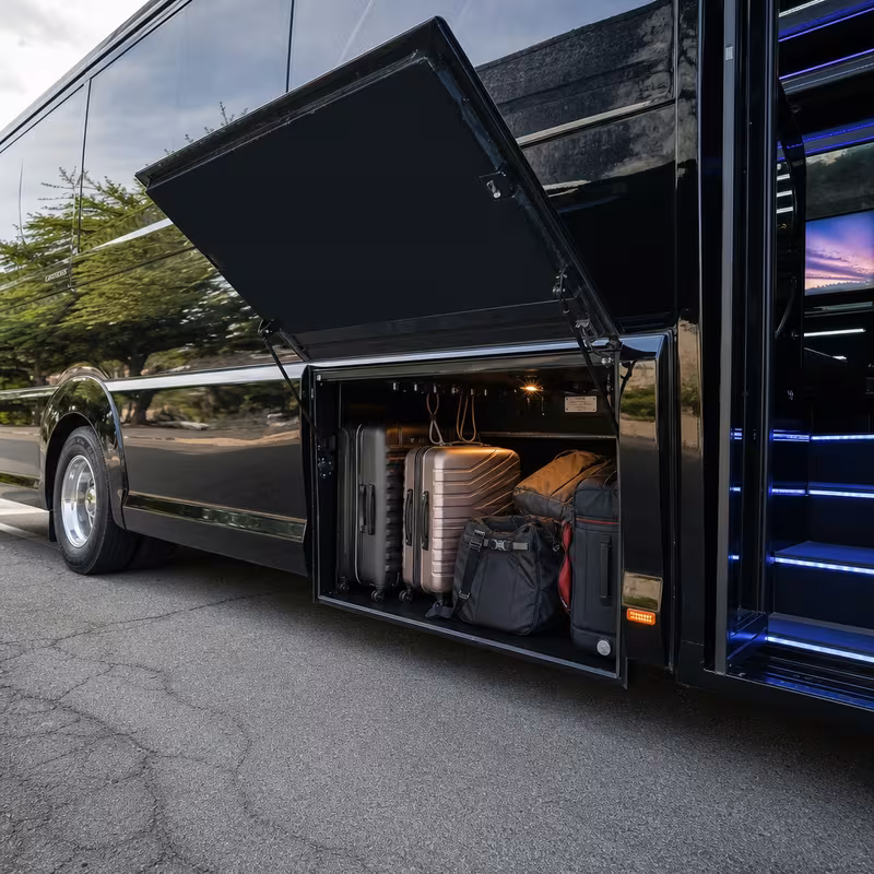 Party bus interior with wraparound leather seating and LED lighting in Overland Park