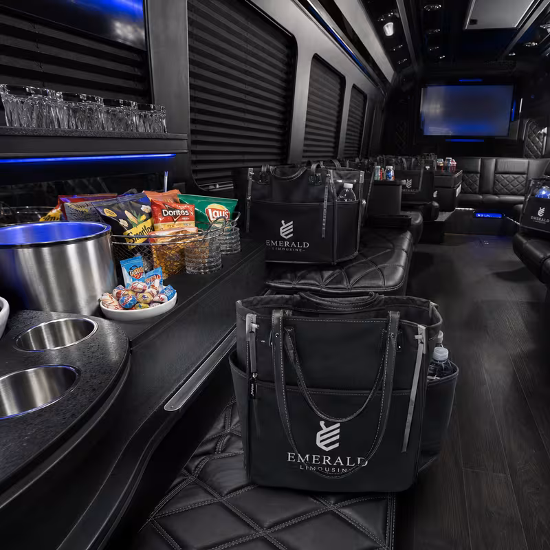 Party bus interior with wraparound leather seating and LED lighting in Overland Park